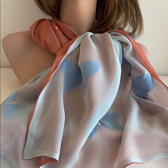 Reversible blue/coral brick butterfly very sheer silk chiffon scarf 22" x 66" - Picture 10 of 11